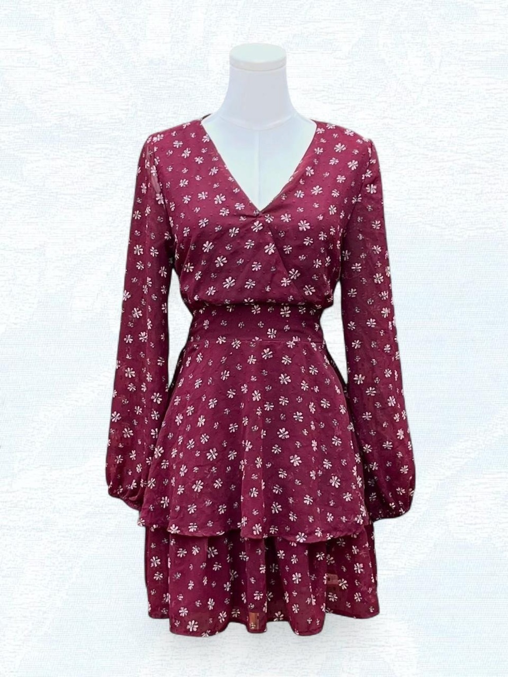 Japna Burgundy Floral Tiered Mini Dress